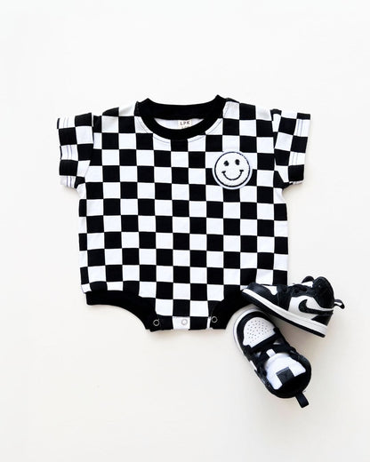 Short Sleeve Bubble Romper | Checkered Smiley Black