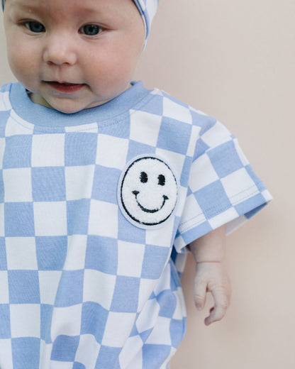 Short Sleeve Bubble Romper | Checkered Smiley Blue