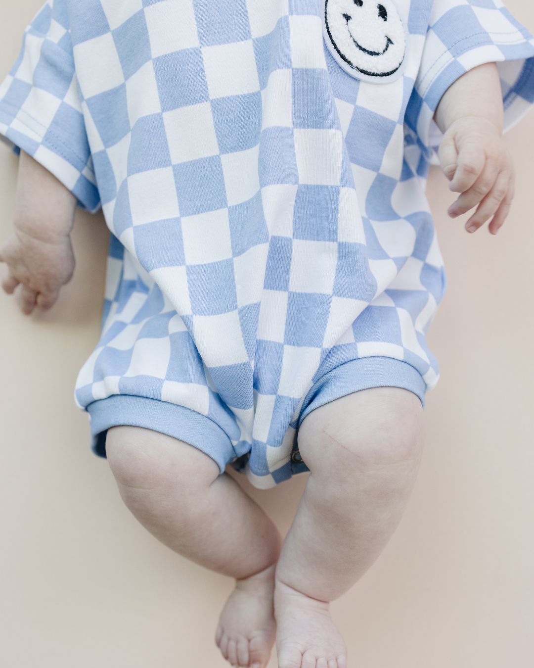 Short Sleeve Bubble Romper | Checkered Smiley Blue