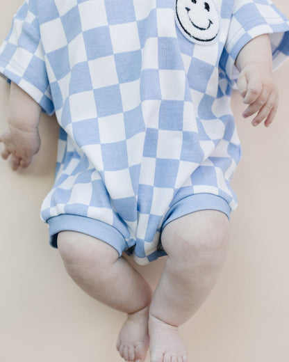 Short Sleeve Bubble Romper | Checkered Smiley Blue