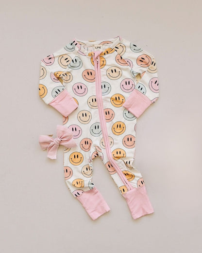 Smiley Bamboo Zip Romper | Pink