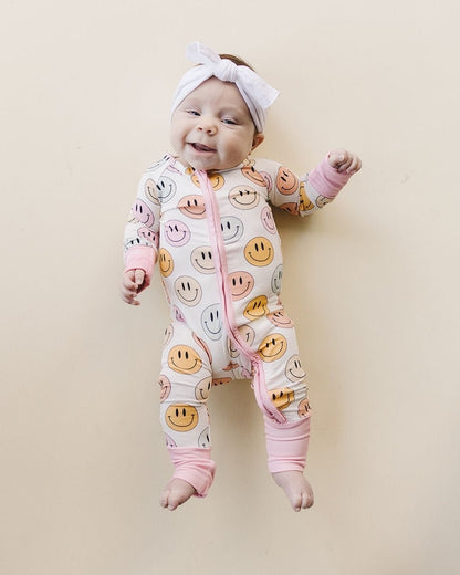 Smiley Bamboo Zip Romper | Pink