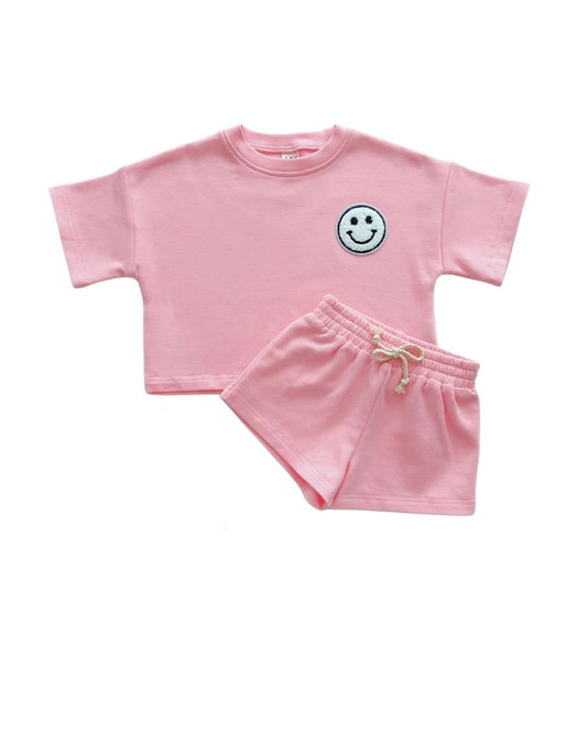 Girls Pink Peach Smiley Shorts Set