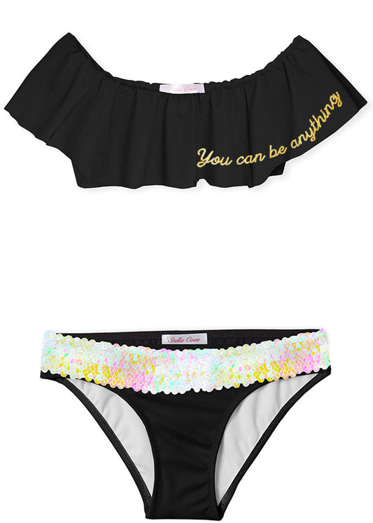 Girls "You Can Be Anything" Black Bikini with Sequin Belt