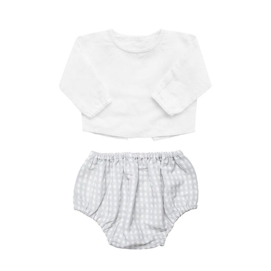 Baby Grey Gingham Bloomer and White Linen Blouse Set