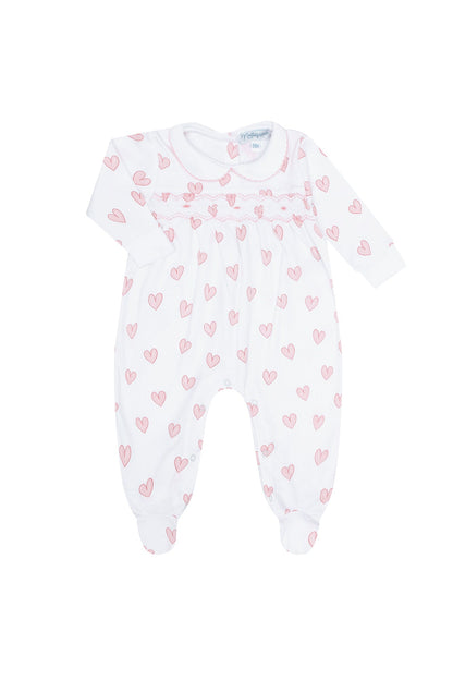 Pink Heart Print Smocked Footie