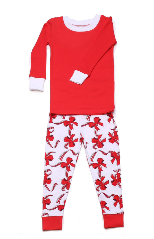 Girls Ribbons and Bows Solid Top Holiday Pajamas